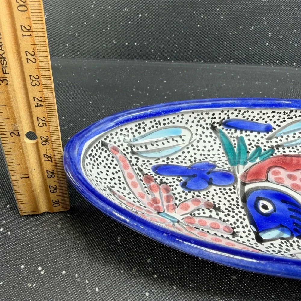 Le Souk Tunisia Azure Fish Hand Painted Oval Serving Bowls Set of 3 Blue Red 9in